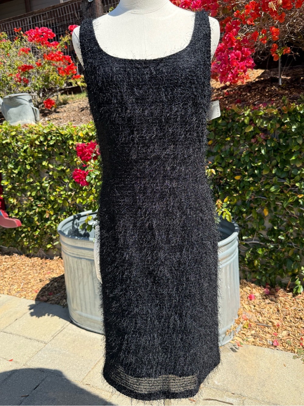 NEW vintage 90s ABS Saks Fifth Avenue fuzzy chenille black mid length dress